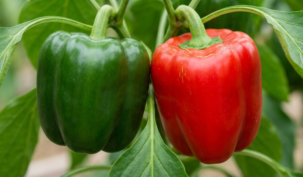 Close-up of a glossy green bell pepper and a vibrant red bell pepper growing on the same branch, illustrating the ripening process.