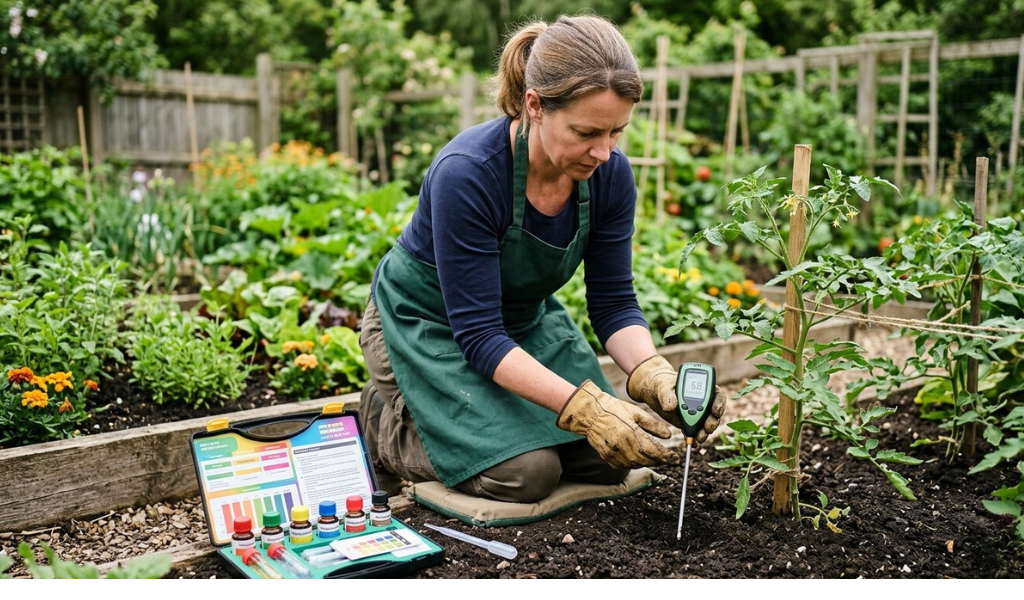 A selection of recommended organic tomato fertilizers (Espoma Tomato-tone, Dr. Earth Organic Tomato, Kelp Meal) displayed on a wooden garden bench with a scoop.