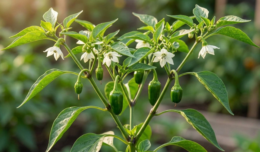 A gardening hand, similar to image_0.png, applying a granular 5-10-10 fertilizer to the soil around the base of a pepper plant actively flowering, visually linking correct nutrient application to the bloom stage.