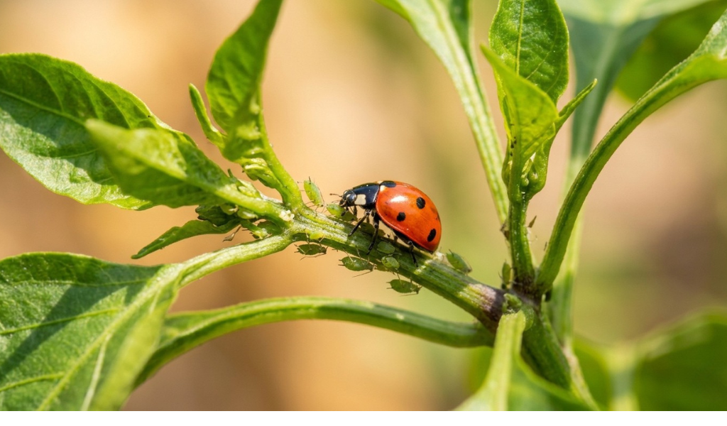 A natural macro photograph showing a bright red ladybug with black spots actively devouring a colony of small green aphids on the stem of a healthy pepper plant in a sunlit garden, illustrating natural pest control.