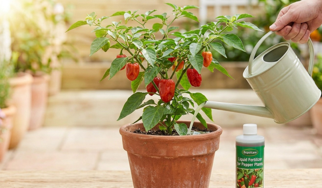 Close-up of a gardener carefully applying diluted liquid fertilizer to the soil around a thriving, established chili plant with forming peppers.