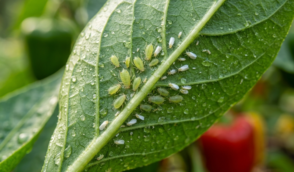 Macro close-up of green aphids and tiny whiteflies clustering on the underside of a pepper leaf