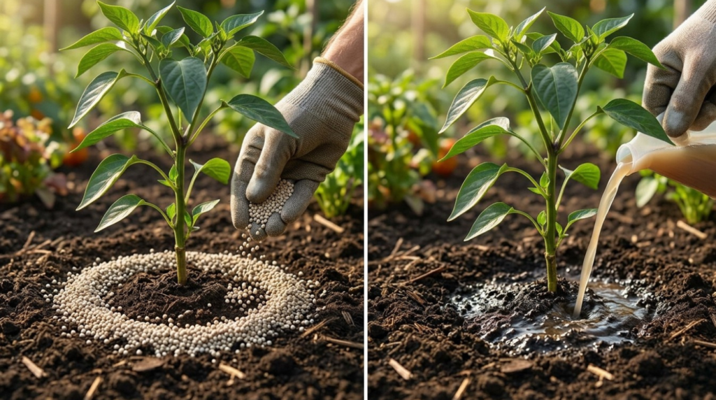 Side-by-side comparison of slow-release granular fertilizer in garden soil versus liquid fertilizer drenching container pepper roots.