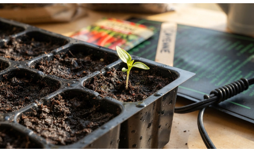A macro photograph of a tiny pepper seedling emerging from moist soil in a seed tray, symbolizing the start of the growing process.