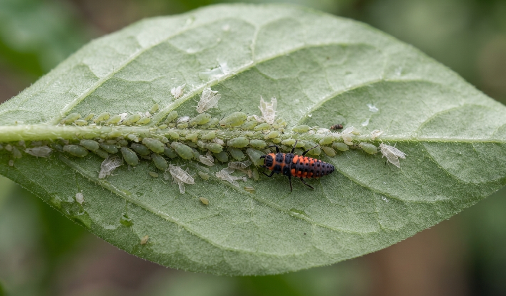 Macro close-up of the underside of a pepper leaf infested with green aphids, also showing a beneficial ladybug larva feeding among them.