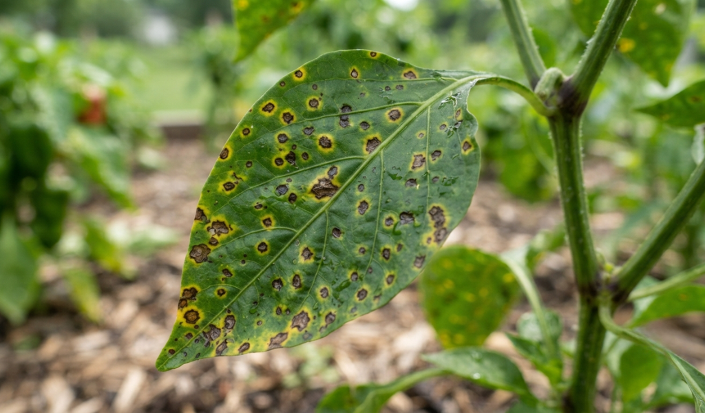 Close-up of a pepper plant leaf showing characteristic symptoms of bacterial leaf spot: dark, water-soaked lesions with yellow halos.