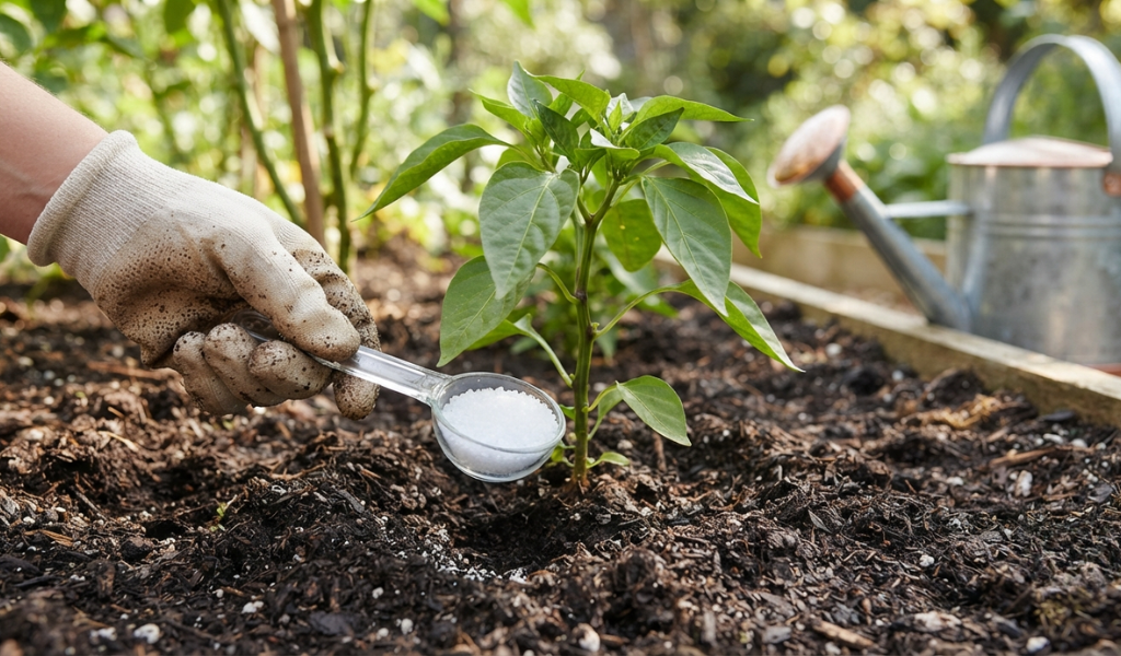 A gardener’s hand holding a tablespoon of Epsom salt over the rich soil at the base of a young pepper plant, illustrating a targeted nutrient application.
