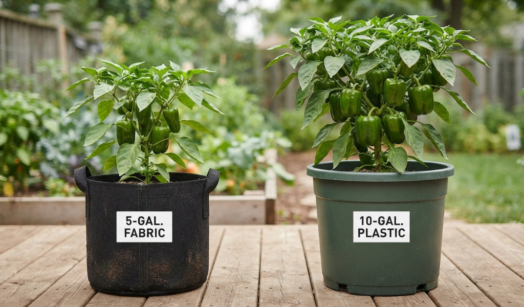 A comparison of different container types, including fabric grow bags and plastic pots, used for growing bell peppers.