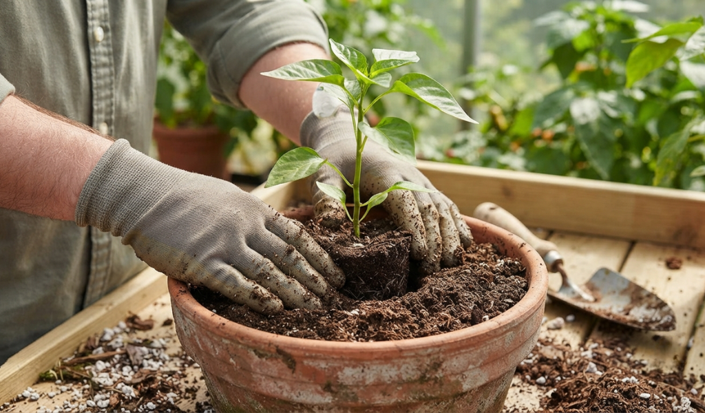 Gardener transplanting a pepper seedling into a pot, ensuring it is planted at the correct depth.