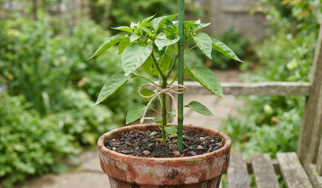 A young pepper plant in a pot supported by a bamboo stake and garden twine to ensure it grows straight and strong.