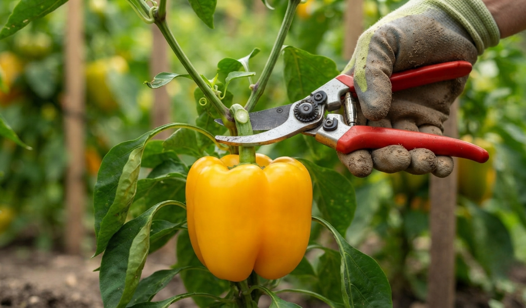 : A close-up view of a gardener using pruning shears to cleanly harvest a ripe yellow bell pepper from a container plant.