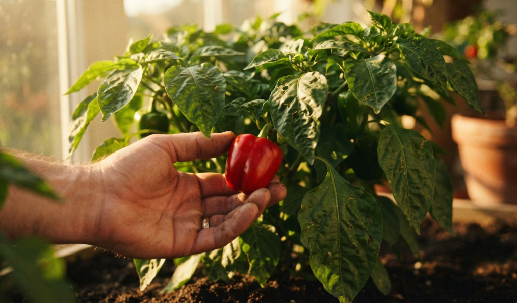 A bushy bell pepper plant growing , providing natural support for spreading branches.