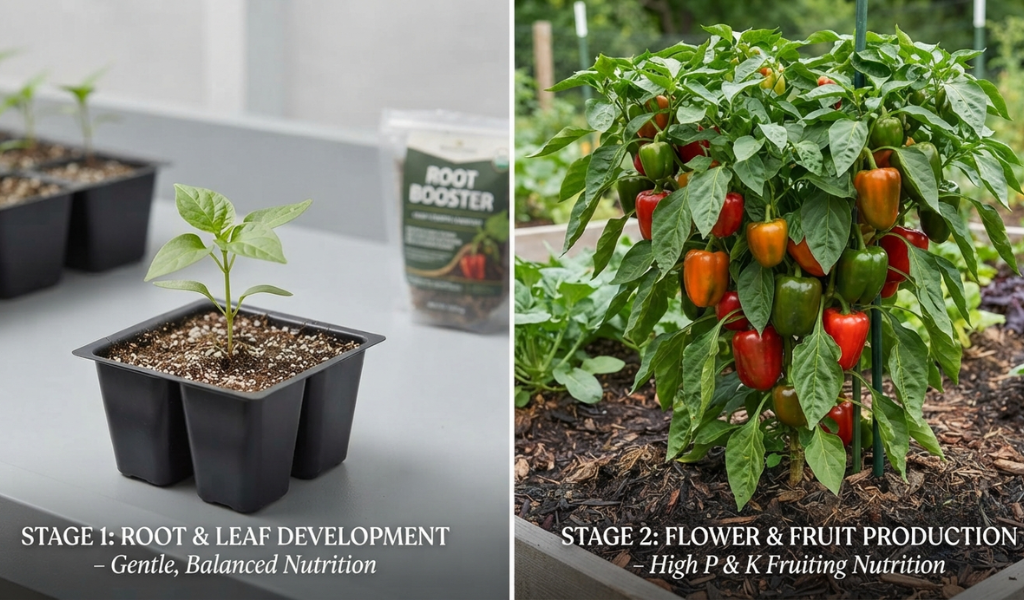 comparison between a young, fragile pepper seedling and a large, productive mature pepper plant, highlighting different nutritional needs.