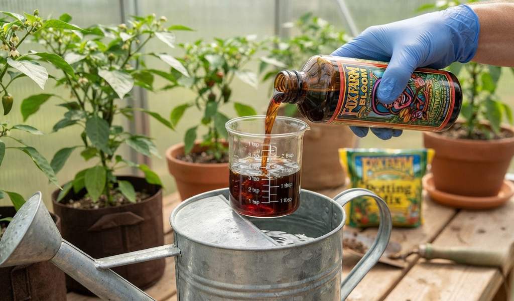 A gardener measuring liquid fertilizer into a watering can to feed flowering pepper plants for optimal fruit development.