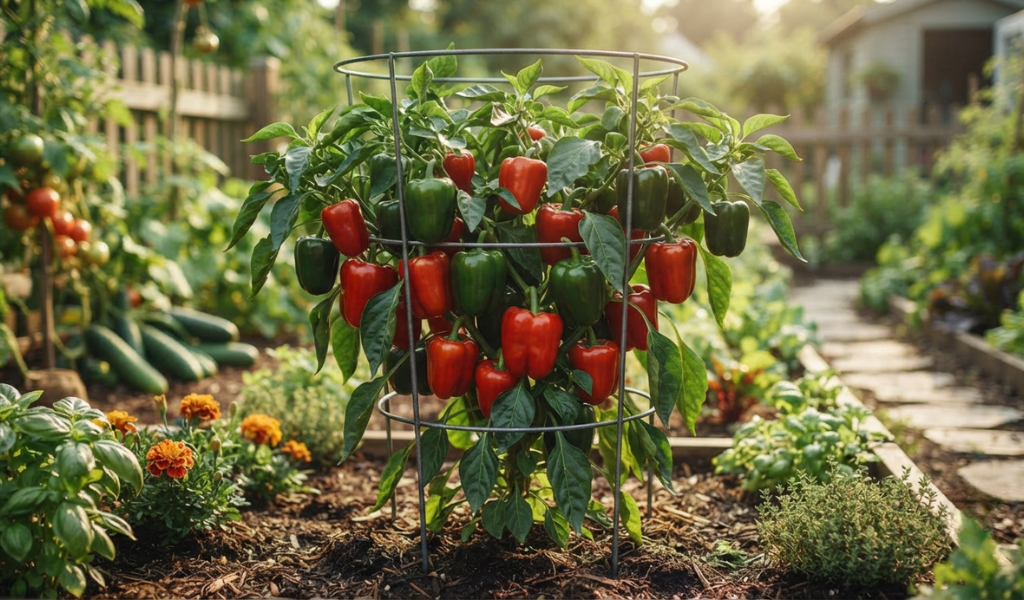 A productive bell pepper plant supported by a sturdy cage in a sunlit garden, showcasing healthy growth and heavy fruit production.