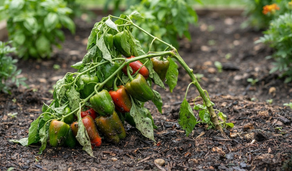 An unsupported pepper plant leaning heavily with drooping, fruit-laden branches touching the ground, demonstrating the need for plant support.