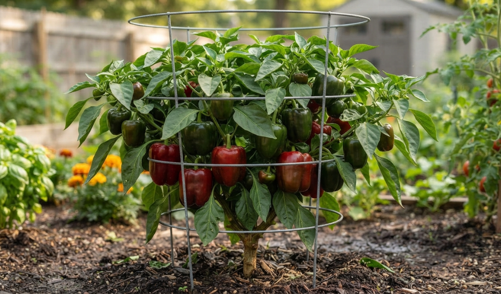 A bushy bell pepper plant growing inside a sturdy wire tomato cage, providing natural support for spreading branches.