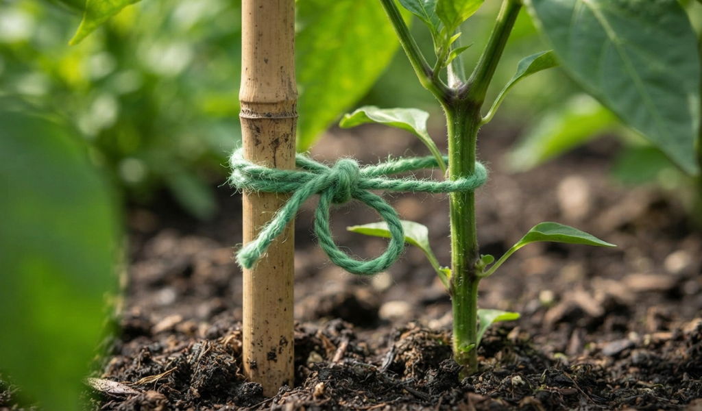 A close-up view of a pepper stem loosely tied to a bamboo stake with soft twine, demonstrating the correct technique to avoid damaging the plant.