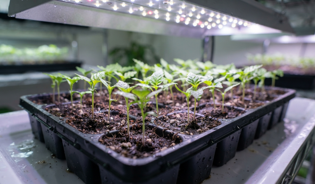 Tiny green pepper seedlings sprouting in a seed tray under indoor grow lights.