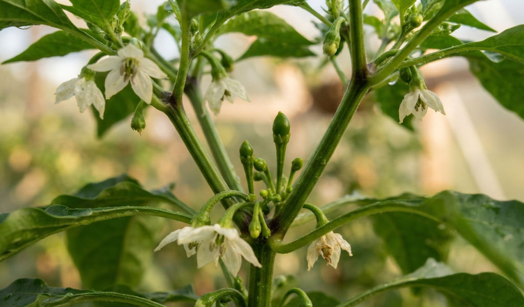 Close-up of a pepper plant featuring delicate white blossoms and early green fruit buds.