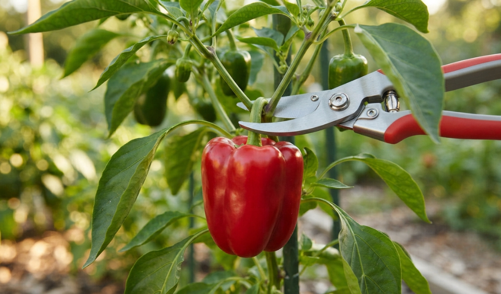 A gardener using pruning shears to harvest a glossy, ripe red bell pepper from a productive plant.