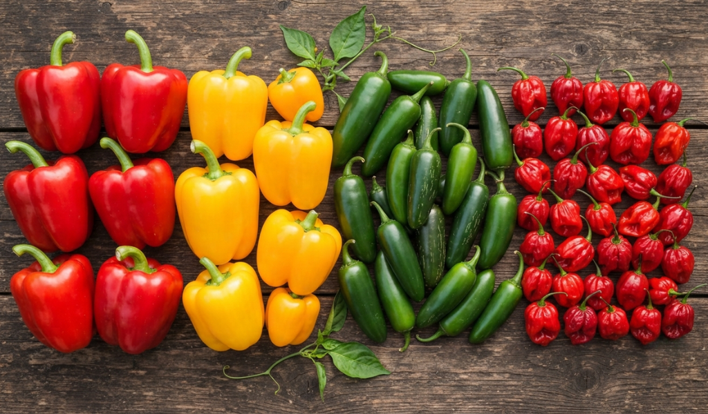 A colorful collection of fresh bell and hot peppers laid out on a rustic wooden table.