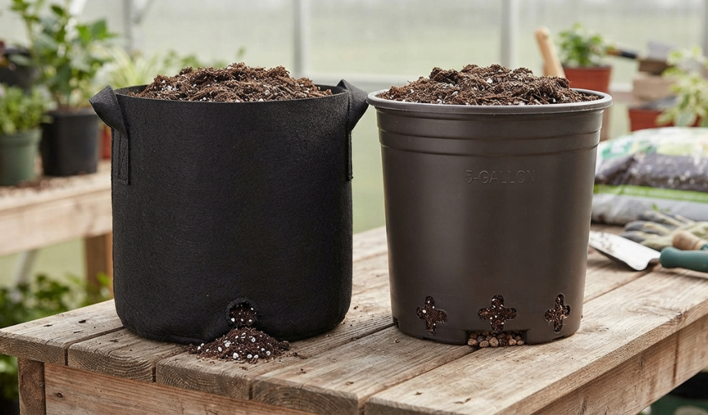Selection of gardening containers including a fabric grow bag and a pot prepared with rich potting soil for growing peppers.