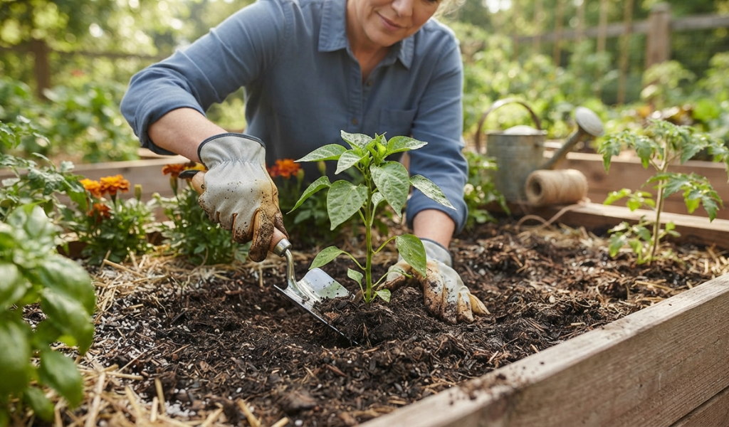 A gardener planting a pepper seedling into the soil, demonstrating the proper transplanting technique.