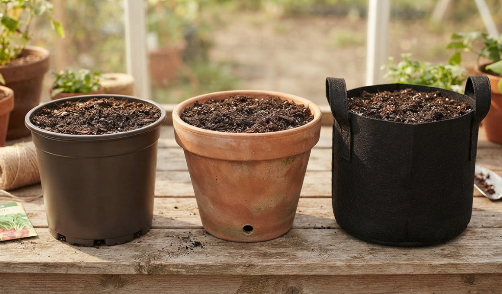 A variety of container materials for gardening, including plastic pots, terracotta, and fabric grow bags.