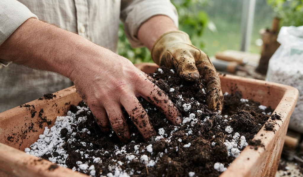 Hands mixing light commercial potting soil with perlite and compost to create the ideal growing medium for peppers.