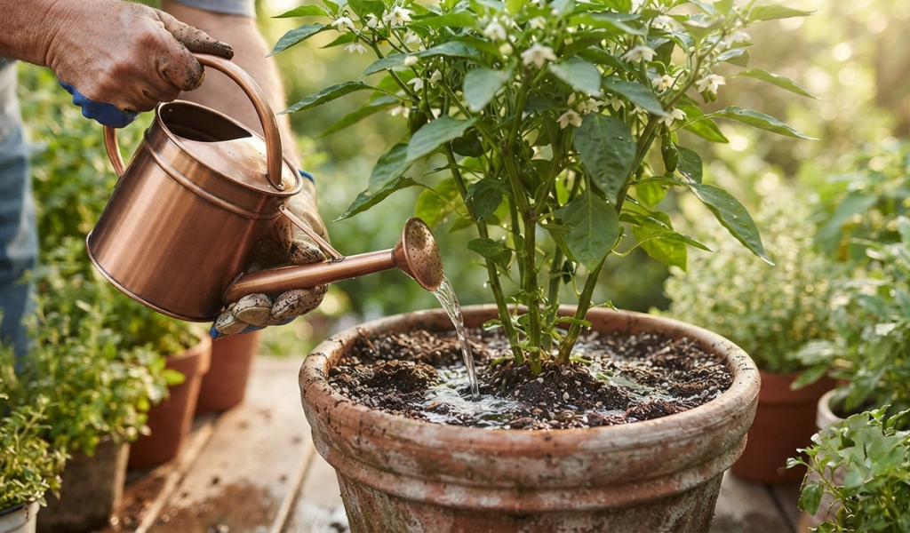 A gardener watering the base of a flowering pepper plant in a pot using a watering can.