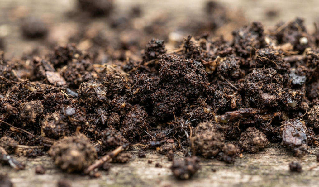 Close-up of rich, dark coffee grounds mixed with organic compost to improve garden soil texture.