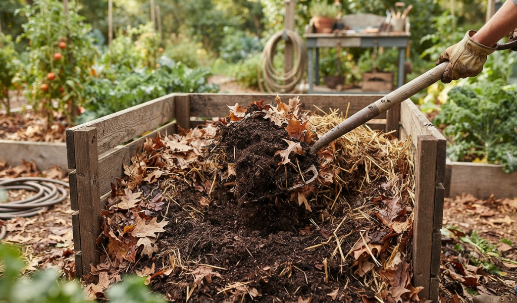 A home gardener mixing coffee grounds into a compost pile with dry leaves for balanced decomposition.