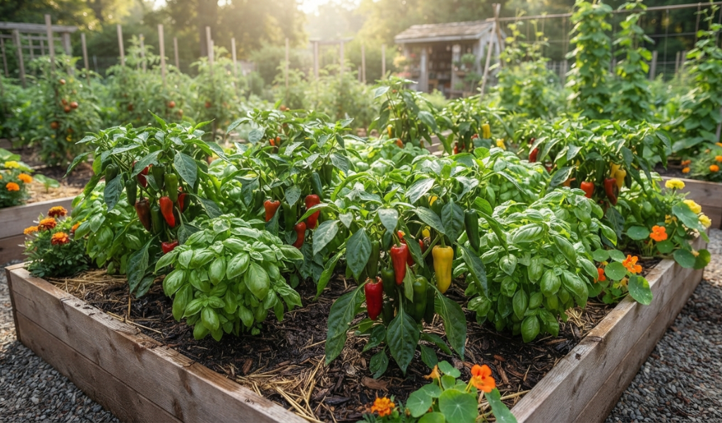 Thriving pepper plants and green basil growing together in a well-maintained companion planting garden bed.