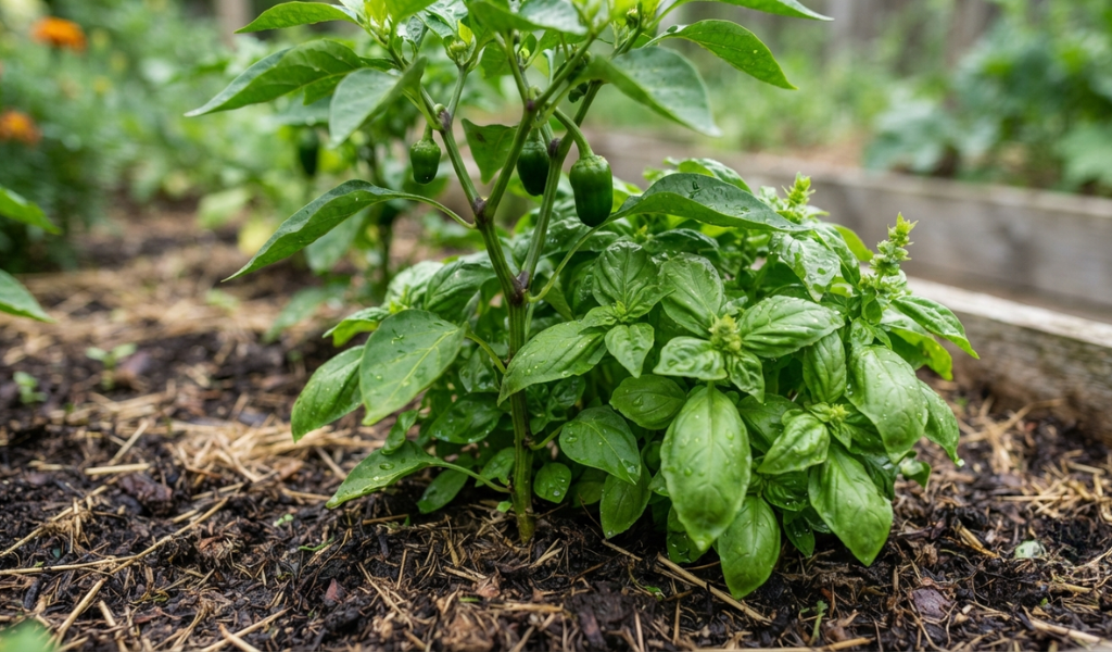 Lush green basil growing side-by-side with a young pepper plant as a natural pest-repelling companion.