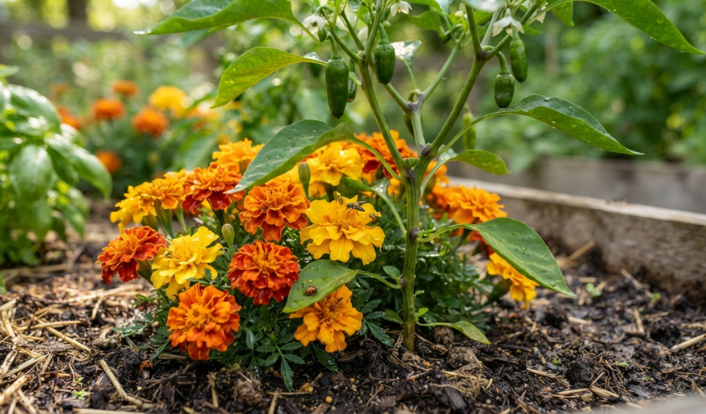 Bright orange and yellow marigold flowers blooming next to a pepper plant to provide natural pest protection.