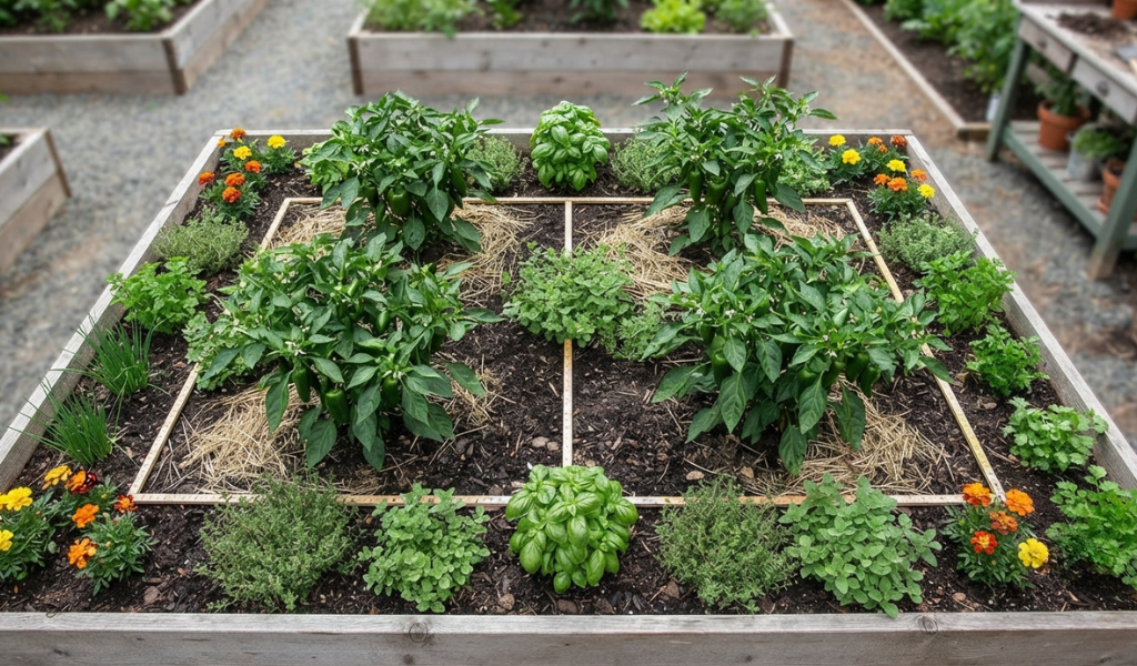 A top-down view of a well-planned garden bed demonstrating proper spacing between pepper plants and their companion herbs.