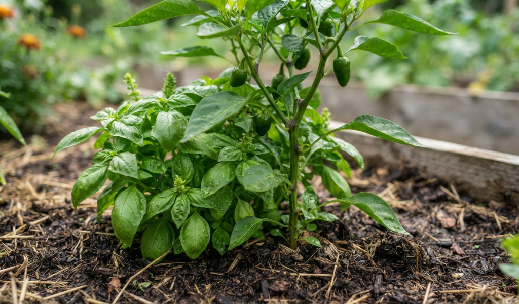 A gardener applying fertilizer to the base of a healthy pepper plant in a sunny garden.
