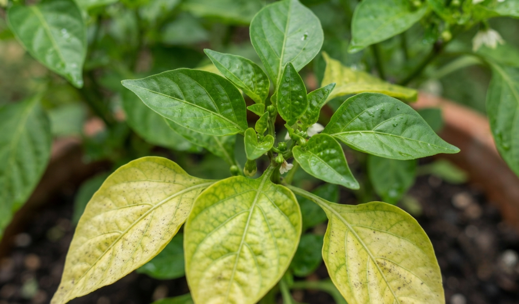 : Close-up of a pepper plant leaf displaying yellowing discoloration from a nutrient deficiency.
