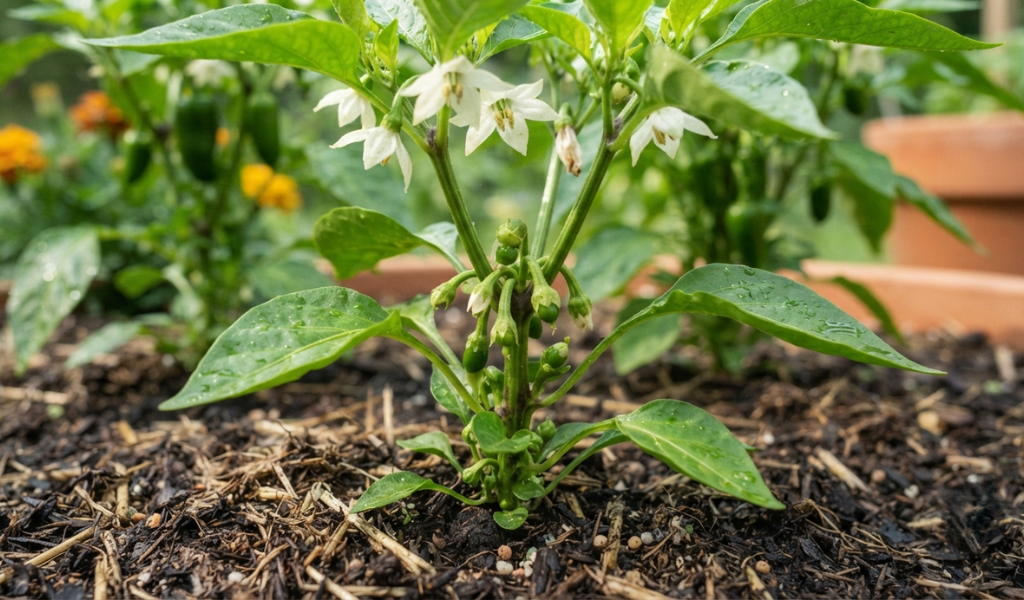 : A pepper plant showing white flowers and early fruit set during the growing season.