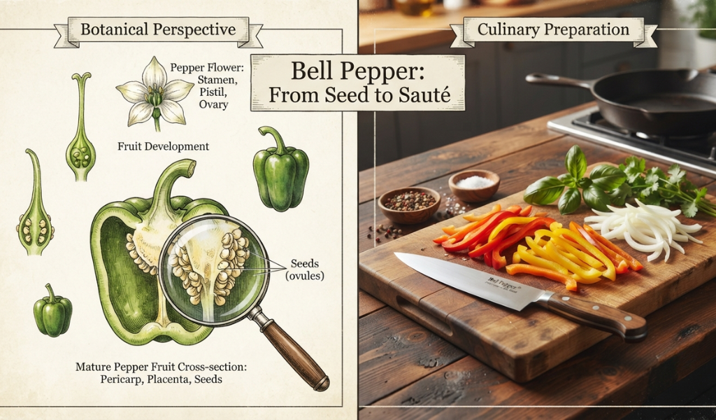 Infographic comparing the botanical fruit structure of a bell pepper versus its culinary use as a vegetable