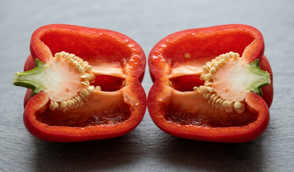 Macro close up of a sliced red bell pepper showing internal seed clusters and core structure