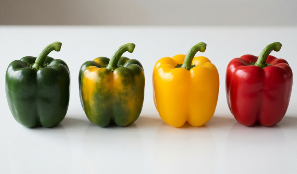 Four bell peppers lined up showing the progressive ripening stages from green to yellow, orange, and red