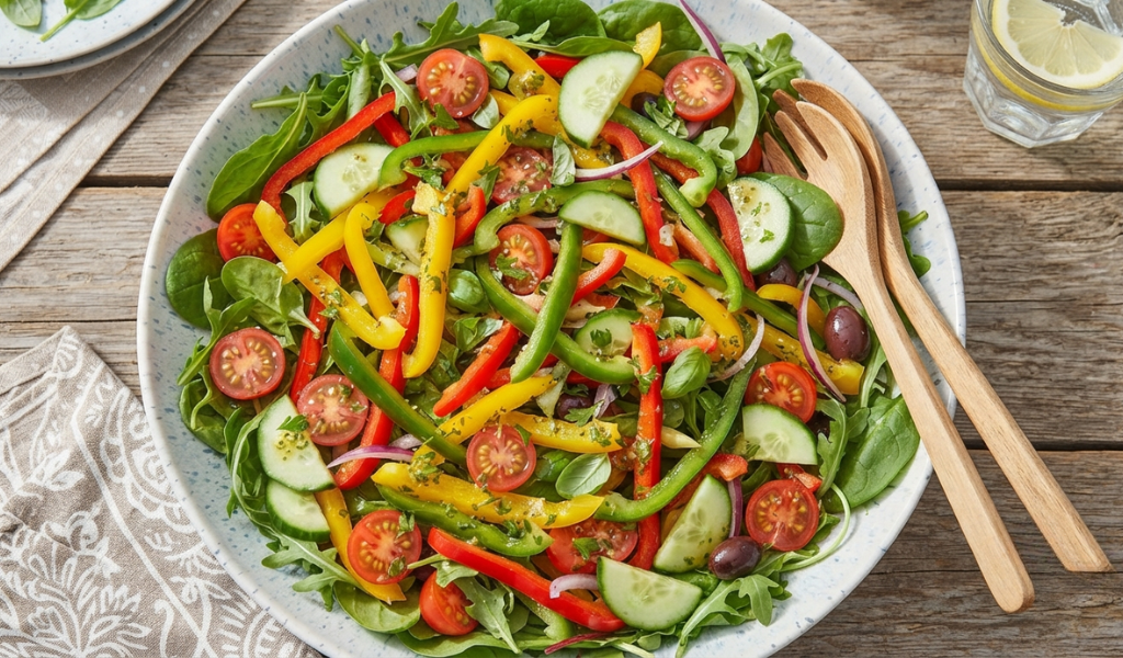 Healthy fresh salad bowl filled with crisp multi-colored bell pepper slices and leafy greens