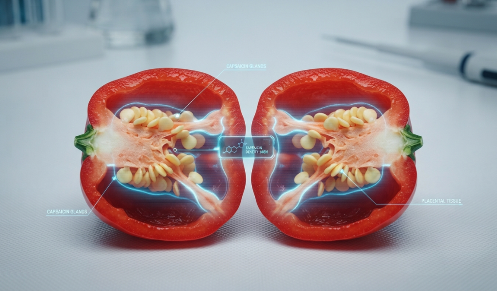 Close up of a sliced chili pepper highlighting the inner white pith and seeds where capsaicin is concentrated
