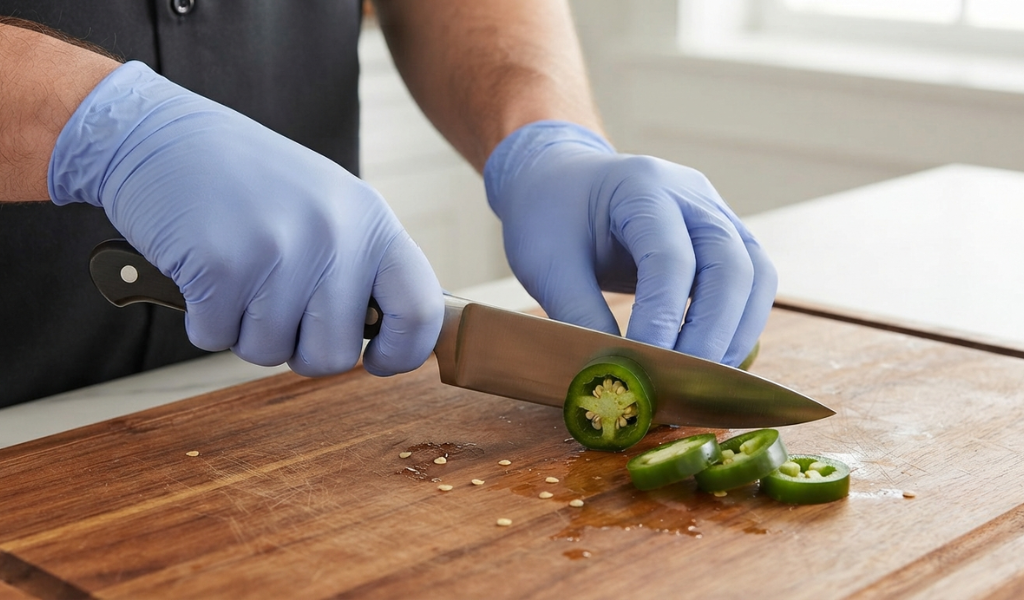 Chef wearing protective kitchen gloves safely slicing fresh green jalapeño peppers on a wooden board