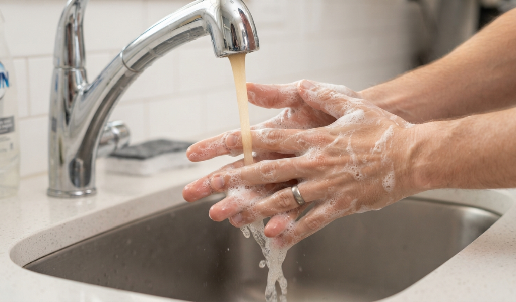 Hands being thoroughly washed with warm water and dish soap to remove stubborn capsaicin oils