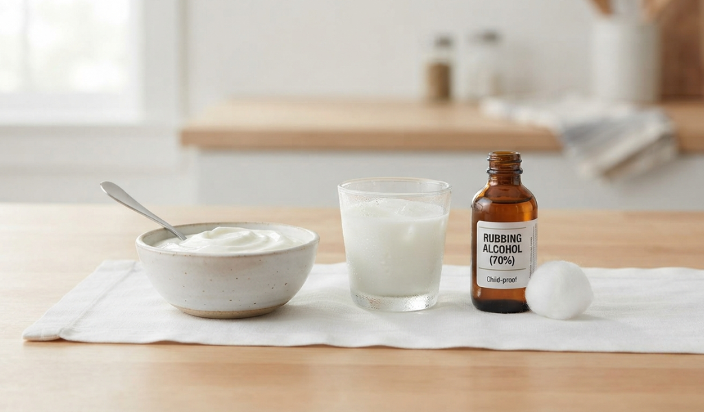 Home remedies for capsaicin skin relief including milk, yogurt, and rubbing alcohol on a table
