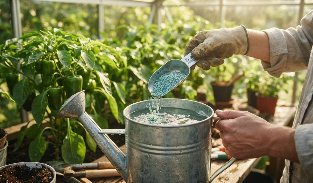: A gardener mixing water-soluble 20-20-20 fertilizer in a watering can inside a greenhouse with pepper plants.