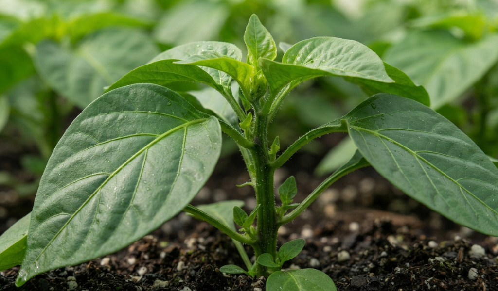 Close-up of lush, deep green pepper plant leaves and stems during the vegetative growth stage.
